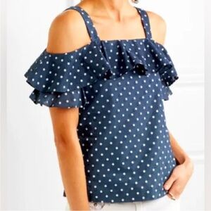 J. Crew Polka Dot Off-Shoulder Navy Blue/White Ruffle Too S. 6